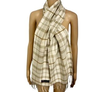 100% Cashmere Cream, Shades of Tan and Brown Plaid Scarf